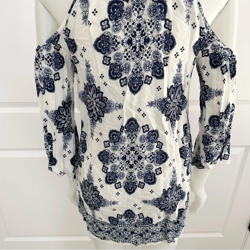 Blue & White Floral Paisley Print Boho Festival Cutout Dress - Picture 5 of 17